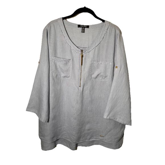 Ellen Tracy Linen Top XL Blue Zip Neck Roll Tab Sleeve 100%‎ Linen Tunic Blouse - Picture 1 of 13